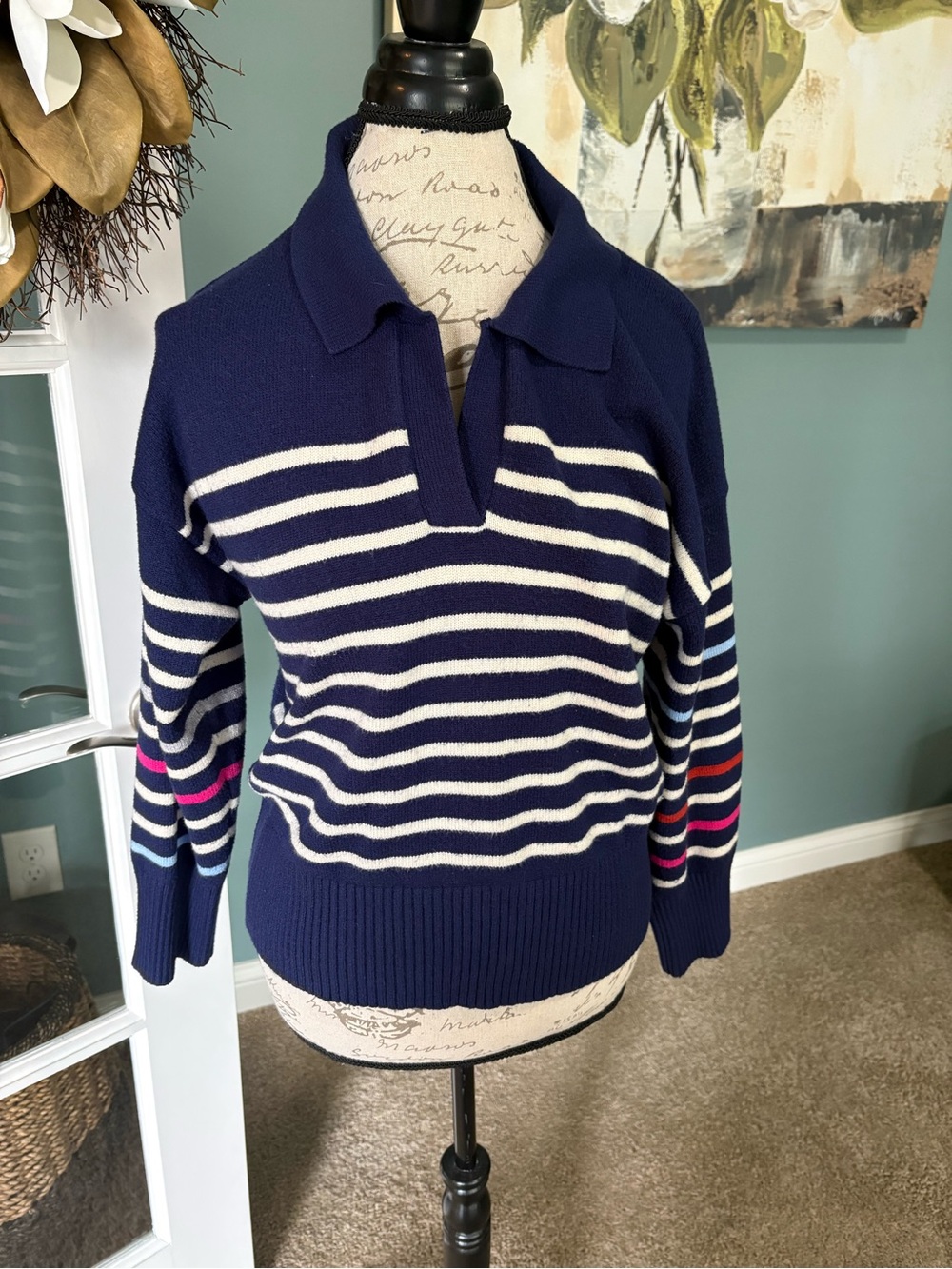 Elan Navy and White Striped V-Neck Collared Sweater with Pink Accent
